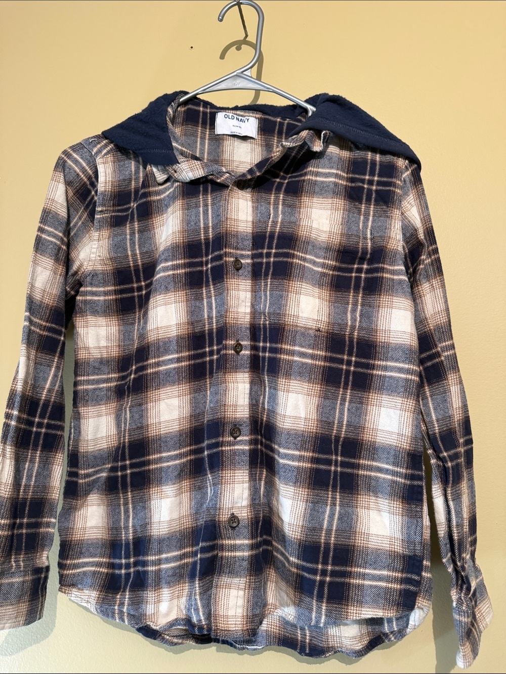 Old Navy Navy, Cream and Brown Plaid Hooded Button-Down Shirt